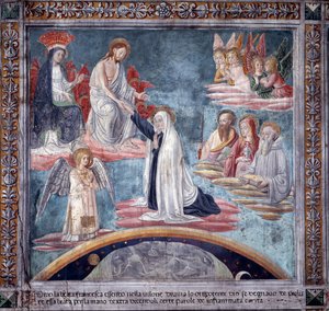 Life of St. Francesca Romana : Under en extas tar den gudomliga återlösaren Francesca i höger hand (Fresco