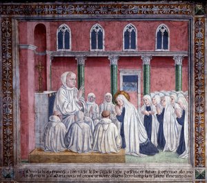 St. Francesca Romanas liv : Helgonet och oblaterna erbjuder sig till benediktinerorden och bosätter sig i kyrkan Santa Maria Nova, Rom (Fresco)