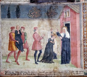 Life of St. Francesca Romana : Helgonet möter en förlamad kvinna som heter Jacobella och lovar att hela henne (Fresco av Antoniazzo Romano
