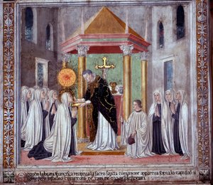 St. Francesca Romanas liv: När helgonet tog emot nattvarden dök en lysande klot upp ovanför henne (freskomålning)