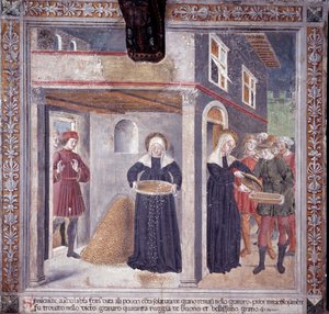 St. Francesca Romanas liv: under en allvarlig hungersnöd 1402 ger Francesca all sin säd till de fattiga (Fresco av Antoniazzo Romano