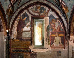 Till vänster inviger påven Gregoire IX, då eveque för staden Ostia, kapellet (1100-talet) till höger, Pieta, fresk senare gjord av Antonio Aquili dit Antoniazzo Romano (aktivt runt 1461-1508) 1400-talets kapell från St. Gregoire, Monaste av Antoniazzo Romano