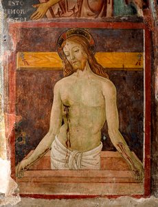 Pieta Jesu Kristi aureol är markerad med ett kors. Detalj av en fresk av Antonio Aquili detto Antoniazzo Romano (aktiv omkring 1461-1508) 1400-talsklostret Saint Benoit (Sacro Speco), Subiaco (Rom), Italien