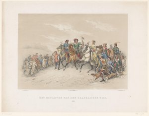 Utrechts maskerad 1851: Hofleven 1296 Jarlens hovliv. 1296 (titel på objekt) Den nationella historien. från de äldsta tiderna till slutet av 1600-talet, i åtta scener, skildrade i kostym av H.H. Dtudent av Antonie Johannes Groeneveldt