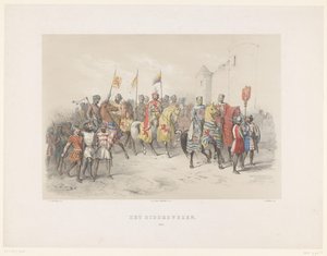 Utrecht Masquerade 1851: Knighthood, 1217 The Knighthood, 1217 (titel på objekt) Den nationella historien. från de äldsta tiderna till slutet av 1600-talet, i åtta scener, framställda i kostym av H.H. Studenter vid Utrechtsche Hoo av Antonie Johannes Groeneveldt