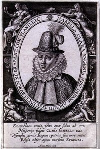 Porträtt av Isabella Clara Eugenia av Österrike (1566-1633) hustru till Albert, ärkehertig av Österrike (1559-1621) (gravyr) av Antonie Wierix