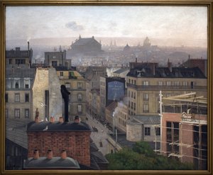 Paris sett från Montmartre. På väggen i en av byggnaderna, en annons för "Den lilla tidningen". Målning av Antonin Chitussi (Chittussi) (1847-1891), olja på duk av Antonin Chittussi