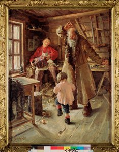 A Merry Moment (I en snickarverkstad spelar en pojke dragspel för att få en liten flicka och en gammal man att dansa) - A Merry Moment - Målning av Antonina Leonardovna Rzhevskaya (1861-1934), olja på duk av Antonina Leonardov Rzhevskaya