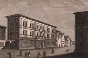 Vy över biskopspalatset i Pistoia, Toscana, Italien, kopparstick av Antonio Morghen (1788-1853), cirka 13x9,5 cm av Antonio (1788 1853) Morghen