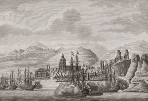 Holländska flottan utanför Malaga, Spanien 1784 skjuter salut. (skriva ut) av Antonio (after) Suntach