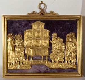 Bernardo Buontalenti (1531-1608) Presenterar en modell av fasaden till katedralen Santa Maria del Fiore, ca 1587 (guld på ädelsten) av Antonio (fl.1578 1624) Giambologna (1529 1608) and Susini