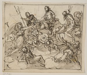 Allegorisk komposition med Venedig omgiven av två havsgudar, Fame och andra figurer