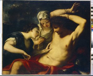 Saint Sebastian (martyr tidigt 300-tal), Saint Irene (från Rom, martyr 304) och Saint Lucia (från Syracusa, martyr omkring 303 eller 310) (De heliga Sebastian, Irene och Lucia) - Målning av Antonio Balestra (1666-1740) ), olja på duk - italiensk konst (Ver