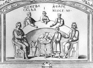 Bankettscen från en tidig kristen katakombfresk i Rom, illustration från 