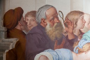 Bystander, fresco av Antonio Busca (1625-1684), 20:e kapellet, Sankt Franciskus helgonförklarad av påven Gregorius IX, Ortas heliga berg (UNESCO:s världsarvslista, 2003), Orta San Giulio, Piemonte, Italien av Antonio Busca