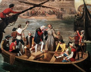 Santa Marias, Pintans och Ninas avgång från Palos 1492 - Avgången av de tre karavellerna av Christopher Columbus (1451-1506) från Palos den 03/08/1492, detalj. Målning av Antonio Cabral och Bejarano (1798-1861). Gränsens pinnar. Rabida