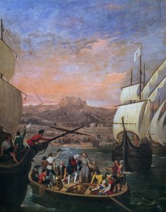 Christopher Columbus avgång från Palos de la Frontera 1492, målning av Antonio Cabral Bejarano (1798-1861), Detalj