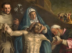 Norra tvärskeppet, avsättningens altare, Kristi avsättning stödd av jungfrun och de heliga Raymond och Antonius av Padua, Antonio Campi 1566, detaljaltartavla