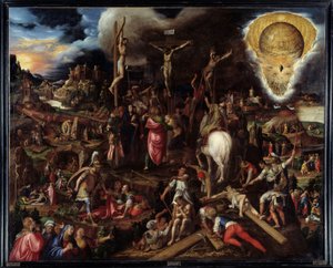 Scener av passion: bön i olivträdens trädgård, förräderi av Judas, arrestering av Kristus, hånade Kristus, stiger upp till Golgata (Korsvägen), korsfästelse, uppståndelse... Målning av Antonio Campi (1526-1587) Ec. Ital
