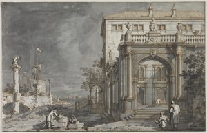 Capriccio: Ett palats med en innergård vid lagunen, ca. 1750-1755. av Giovanni Antonio Canal