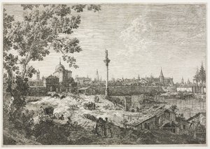 Panorama över en stad vid en flod av Antonio Canaletto