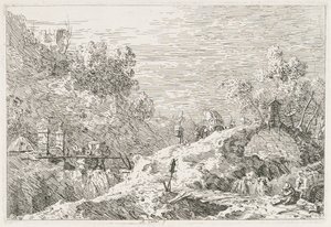 Utsikt: Bergslandskap med fem broar av Antonio Canaletto