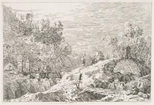 Utsikt: Bergslandskap med fem broar, 1735-1746. av Giovanni Antonio Canal