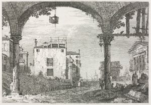 Utsikt: Portiken med lyktan, 1735-1746. av Giovanni Antonio Canal