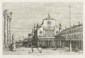 Utsikt: Tre kolumner och en staty vid havets kust av Antonio Canaletto