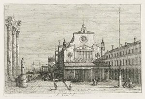 Utsikt: Tre kolonner och en staty vid havets kust, 1735-1746. av Giovanni Antonio Canal
