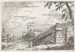 Visningar: Två ruinerade pelare, 1735-1746. av Giovanni Antonio Canal