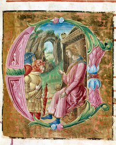Herode I den store (73-4 f.Kr.) beordrade massakern på oskyldiga Lettrine upplyst av Antonio Cicognari. Detalj av ett antifonarium. 1483. Cremone, kör 4, capitolo del duomo