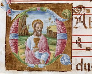 Johannes evangelisten Lettrine upplyst av Antonio Cicognari. Detalj av ett antifonarium. 1483. Cremone, kör 4, capitolo del duomo