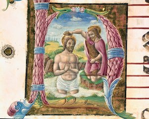 Kristi dop Lettrine upplyst av Antonio Cicognari. Detalj av ett antifonarium. 1483. Cremone, kör 4, domkyrkans kapitel