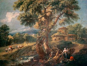 Bergslandskap med människor och en flod, av Antonio Diziani (1738-1797), olja på duk, 55x72 cm