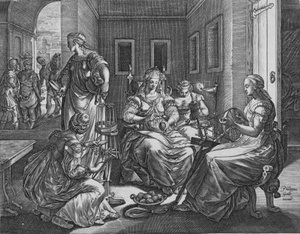Lucretia och hennes tjänarinnor spinning, 1537-45.
