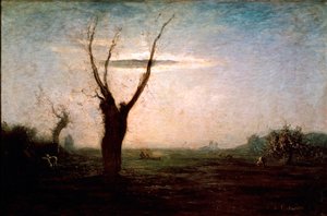 April Landskap av senvintern med ett träd fortfarande utan löv. Målning av Antonio Fontanesi (1812-1882)