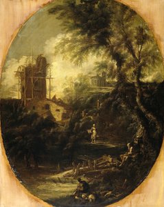 Landskap med eremit, pilgrim och bondkvinna av Antonio Francesco Peruzzini (attributed to)