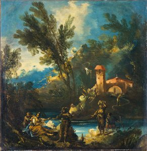 Ett trädbevuxet flodlandskap med figurer av Antonio Francesco Peruzzini