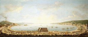 En panoramautsikt över Neapelbukten, med den kungliga processionen till Piedigrotta,
