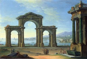 Hamnscen med triumfbåge (olja på duk) av Antonio Joli