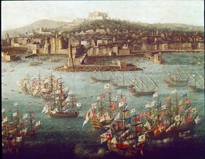Karl III:s ombordstigning i Neapels hamn för Spanien, 1759-06-10 (Målning, cirka 1759)
