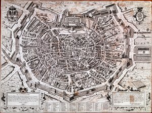 Stadskarta över Milano redigerad av Antonio Lafreri (Lafrery eller Lanfrerius) (1512-1577) 1573. Detta är den äldsta kartan i staden. Milano, Milanos museum - Karta över Milano. Den äldsta kartan över staden 1573, redigerad av Antonio Lafreri. Italien, Mil
