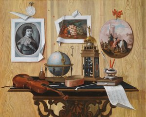 Trompe l"oeil av ett tryck och två målningar, en nyckel, en fiol, en jordglob, en klocka, ett notblad och andra föremål på ett bord av Antonio Mara