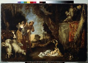 Kung Cyrus barndom (kung Cyrus barndom). Cyrus II eller Cyrus den store (cirka 559 f.Kr. -529 f.Kr.), grundare av det persiska riket. Bebisen tas in och ammas av en hund. Målning av Antonio Maria Vassallo (cirka 1620-1664/1673). H av Antonio Maria Vassallo