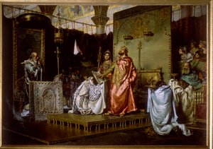 Tredje rådet i Toledo (589) - omvandling av Recarede I (559-601) till katolicism - Konvertering av recared till katolicism vid konciliet III i Toledo, 589 - Målning av Munoz Degrain, Antonio (1840-1924)