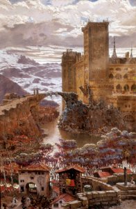Utsikt över ett romantiskt slott. Målning av Antoni Munoz i Degrain (1841-1924). Början av 1900-talet. Valencia. Museum of Fine Arts San Pio V.
