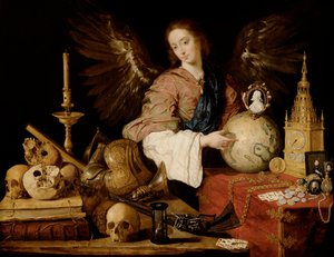 ""Allegorie de la Vanite"" (""Allegory of Vanity") Detalj av fåfänga och ett släckt ljus - Målning av Antonio de Pereda y Salgado (1611-1678) 1634 Dim 139,5x174 cm Wien, Kunsthistorisches Museum