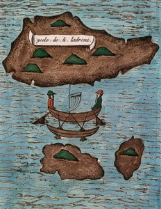 Islas de los Ladrones (idag Mariana Islands), färgat träsnitt från Rapport om den första resan jorden runt med Ferdinand Magellan av Antonio Pigafetta