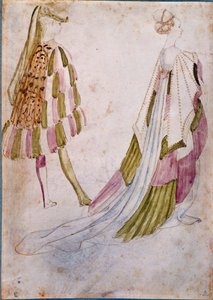 En man och en kvinna i rätten kläder akvarell, fjäder och tvätt av Antonio di Puccio Pisano dit Pisanello (före 1395-1455) 1450 Sön. 0,27x0,19 m Chantilly, Musee Conde av Antonio Pisanello